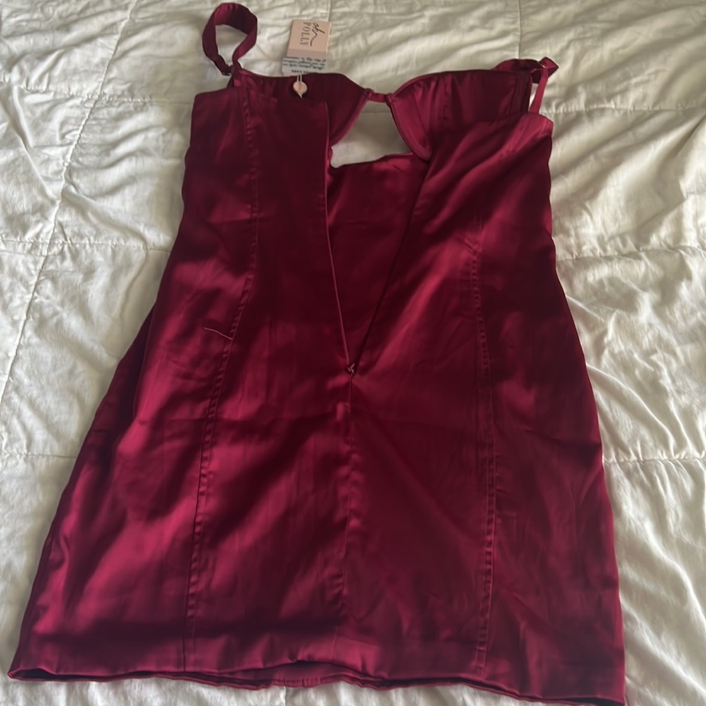 NWT Oh Polly Infatuation Cut Out Satin Mini Dress Wine - Picture 7 of 9
